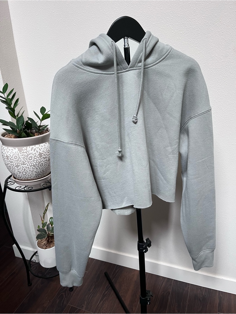Cropped Hooded Sweatshirt in Pale Gray